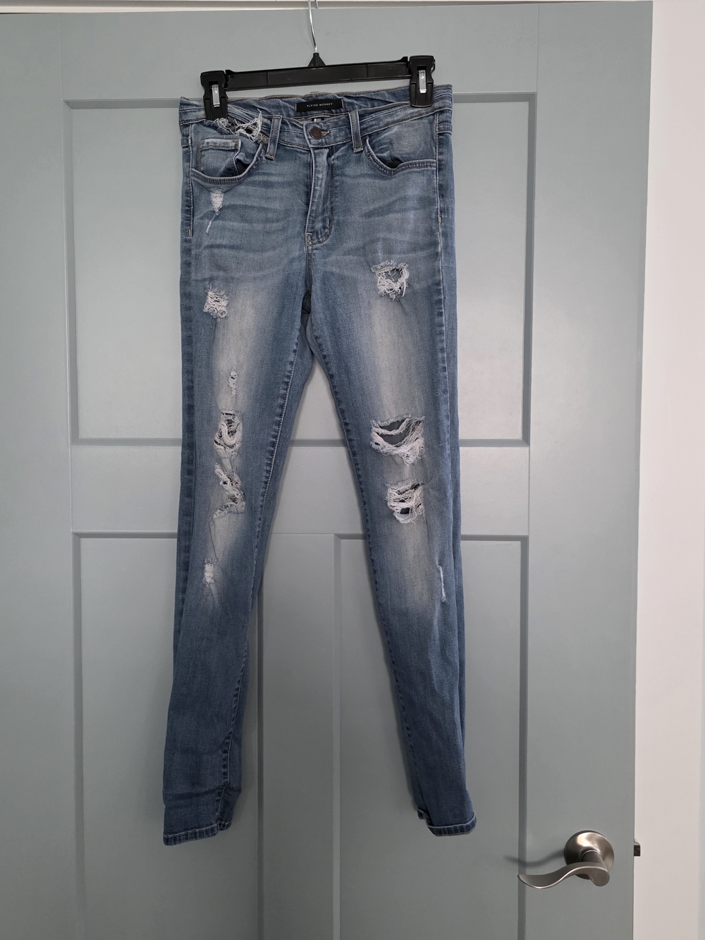 Flying Monkey Distressed Skinny Jeans Size 28 Medium Wash Blue Denim Flawed EUC